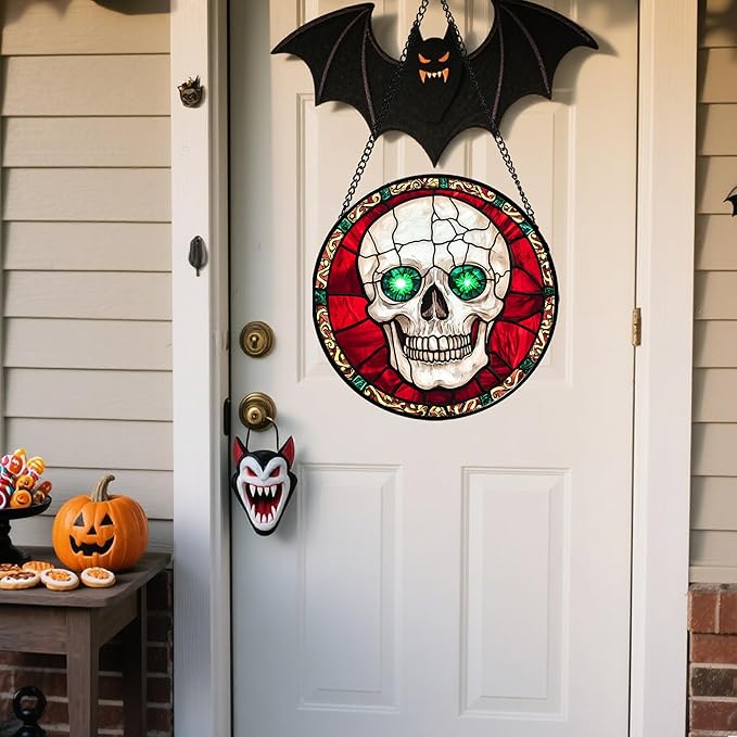 Stained Glass Window Hanging - Halloween Decorations Vampire Skeleton Suncatcher for Doors Garden Indoor Spooky Funny Sun Catchers Gothic Decor Horror Gifts for Women Men Friend 9.8 in