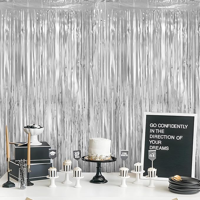 LOLStar 10 Pack Silver Party Decorations 3.3x6.6 ft Silver Foil Fringe Curtains Tinsel Backdrop Photo Booth Prop Streamer for Engagement Wedding, Birthday, Bridal Shower Disco Bachelorette Party Decor