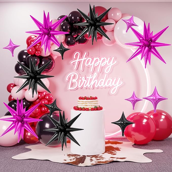 18 Pcs Black Pink Star Balloons, Hot Pink and Black Balloon with 6 Pcs 22-Inch Explosion Star Balloons 12Pcs 10-Inch Four Pointed Stars Foil Balloon for Bridal Shower Girls Birthday Party Decor