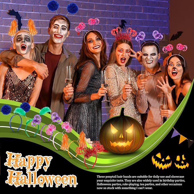 Censen 24 Pcs Pom Pom Headband Tinsel Wrapped Ponytail Head Bopper Costume Headwear Halloween Party Accessory