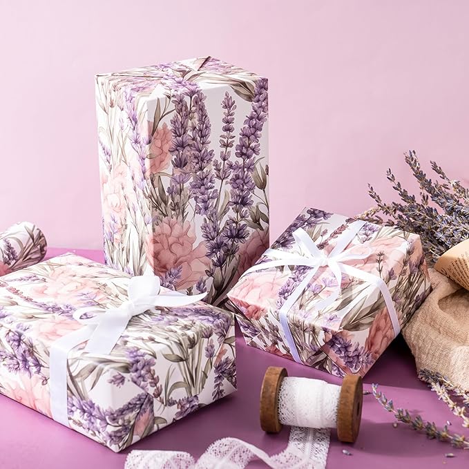 WRAPAHOLIC Kraft Floral Wrapping Paper - Mini Roll - 17 Inch x 16.5 Feet - Purple Lavender Flower Wrapping Paper for Wedding, Birthday, Bridal Shower, Tea Party, Drawer Liners, Home Closet Shelves