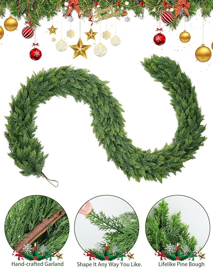 Real Touch Christmas Cedar Garland - Artificial Christmas Garlands Faux Pine Garland for Fireplace,Table, Stairs, Mantle, Window,Indoor Outdoor,Home,Holiday Decor(1 PCS,9 FT)