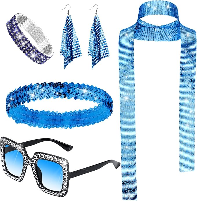 Sasylvia 5 Pcs 70s Disco Accessories Halloween Women Costume Jewelry Sequin Scarf Earrings Sunglasses Bracelet Headband