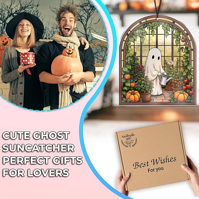 2 Cute Halloween Decorations, Spooky Cute Ghost Plant Suncatcher Window Hangings, Ghost with Black Cat Greenhouse, Pumpkin Ornaments Home Garden, Gifts for Mom, Plant Lovers, Women, Girl