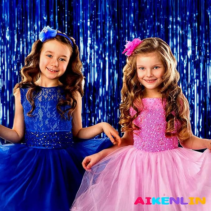 4 Pack 3.2Ft x 9.8Ft Blue Foil Fringe Curtain Backdrop, Metallic Tinsel Foil Fringe Streamers Curtains for Party, Photo Booth Props, Birthday, Wedding, Christmas Party Decoration Supplies