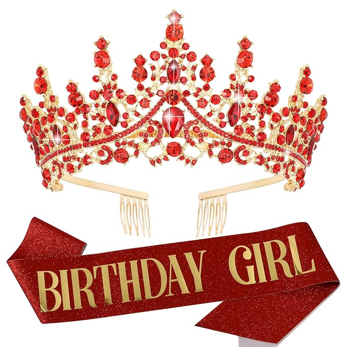 Velscrun Red Crystal Birthday Tiara Crowns for Women Girls Elegant Princess Crown with Combs Birthday Girl Headband Sash Happy Birth Party Decorations Birth Gift Cake Topper Hair Accessories