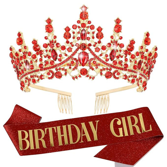Velscrun Red Crystal Birthday Tiara Crowns for Women Girls Elegant Princess Crown with Combs Birthday Girl Headband Sash Happy Birth Party Decorations Birth Gift Cake Topper Hair Accessories