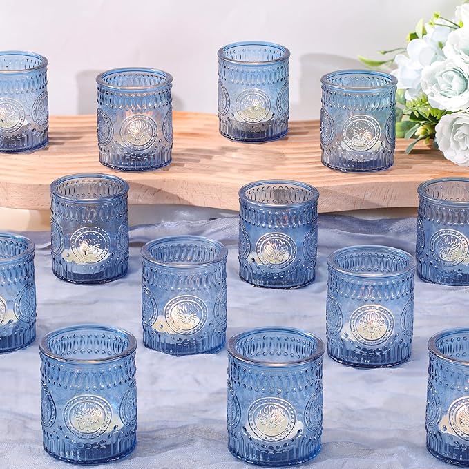 36 Pcs Blue Votive Candle Holders, Glass Tea Light Candle Holders for Wedding Centerpiece, Table Centerpiece, Home and Party Decorations