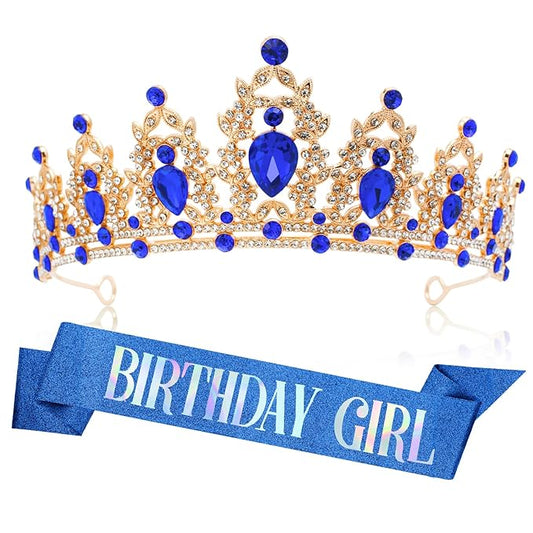Birthday Crown Headband & Sash - Gold+Blue, Rhinestone Tiara for Women - Regal Style, Birthday Party Accessory