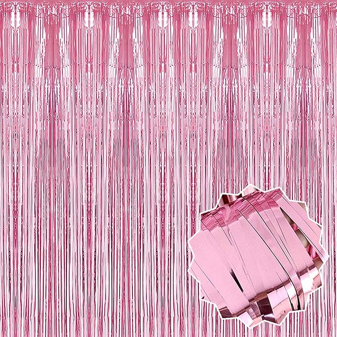 3 Pack Pink Foil Fringe Curtains Backdrop, 3.28 x 6.6 Ft Metallic Streamers Tinsel Curtains Background for Photo Booth, Birthday, Halloween, Christmas, Thanksgiving, New Year Party Decorations