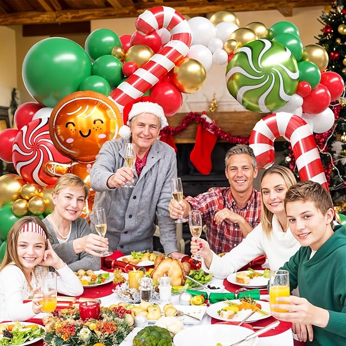 Christmas Balloon Arch Kit, Gingerbread Man Balloon Garland with Green Red White Balloons Candy Cane Foil balloons for Christmas Party Decorations Xmas Party Supplies
