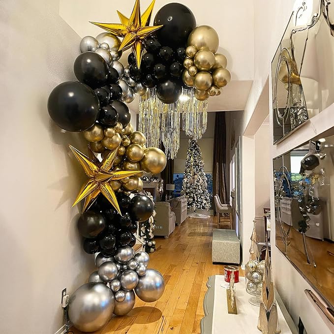 Black and Gold Balloons Set, 12 Inch Black Gold Silver Balloon New Year Eve Party Decoration Black Silver Latex Balloons for New Year Party Birthday Wedding Graduation Banquet Decoration