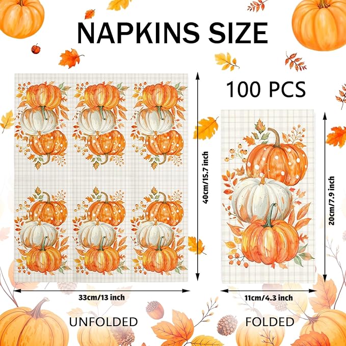 100 Pcs Fall Pumpkin Guest Napkins Thanksgiving Disposable Hand Towels for Bathroom Maple Leaf Orange Pumpkins Decorative Napkins for Autumn Harvest Thanksgiving Party