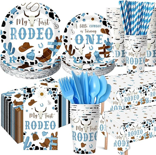 452 Pcs First Rodeo Decorations Boy, Blue Western Cowboy Paper Plates Napkins Cups Tablecloth Cutlery Straws for My 1st Rodeo Birthday Party Baby Shower Decorations Supplies for 50 Guests