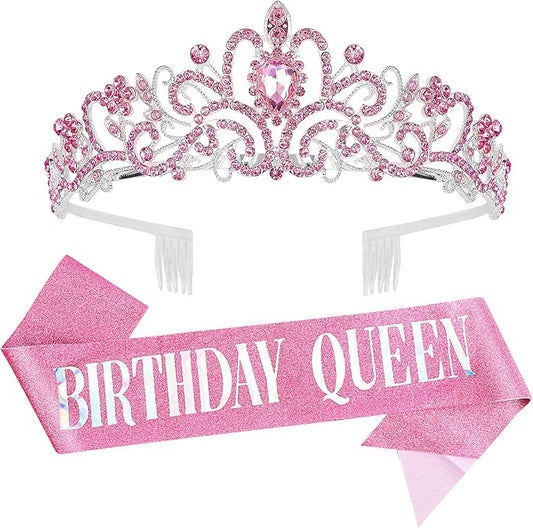 Birthday Tiara for Women, Tiara for Women Pink Rhinestone, Happy Birthday Queen Tiara for Women, Crown for Girls Tiaras Birthday Queen Crowns with Birthday Girl Sash