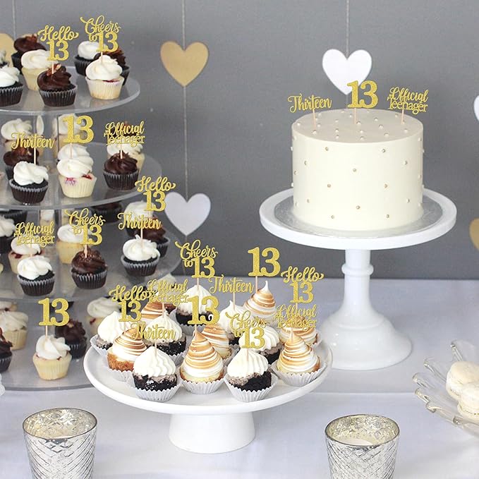 30PCS Happy 13th Birthday Cupcake Toppers Glitter Thirteen Official Teenager Hello 13 Cupcake Picks Cheers to 13 Birthday Decorations for 13th Birthday Anniversary Party Cake Decor Supplies Gold