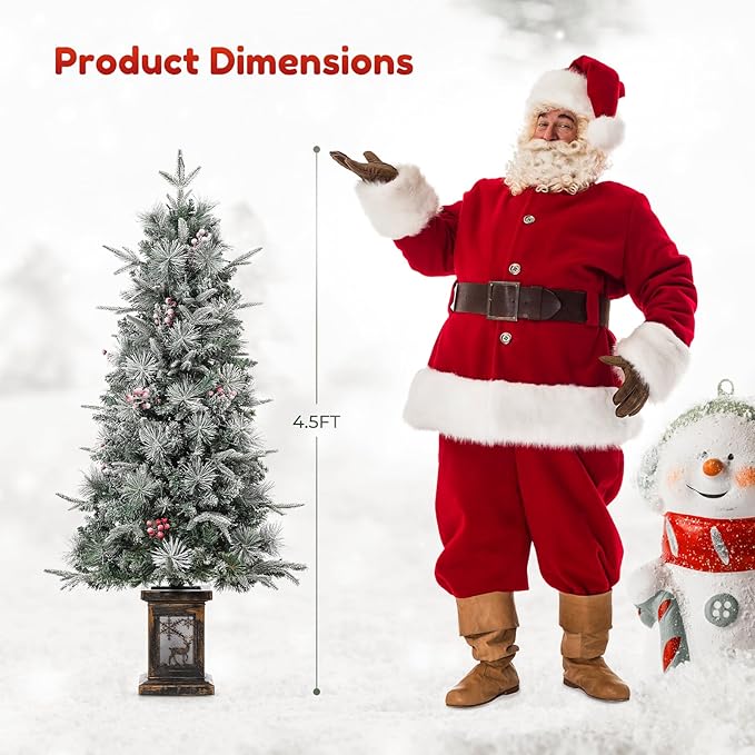 GarveeHome 4.5ft Prelit Christmas Trees with 150 Two-Color Lights & 20 Clusters Red Berry, Artificial Potted Xmas Tree with 8 Light-Modes, Elk Base, Holiday Decor, 1 PCS
