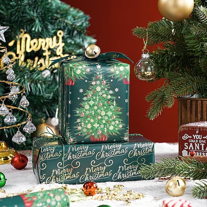 WRAPAHOLIC 30 Inch Nutcracker Christmas Wrapping Paper Roll - Jumbo Roll Green Christmas Tree, Snowflakes and Nutcracker with Metallic Foil Shine Design - 4 Rolls - 30 Inch x 120 Inch Per Roll