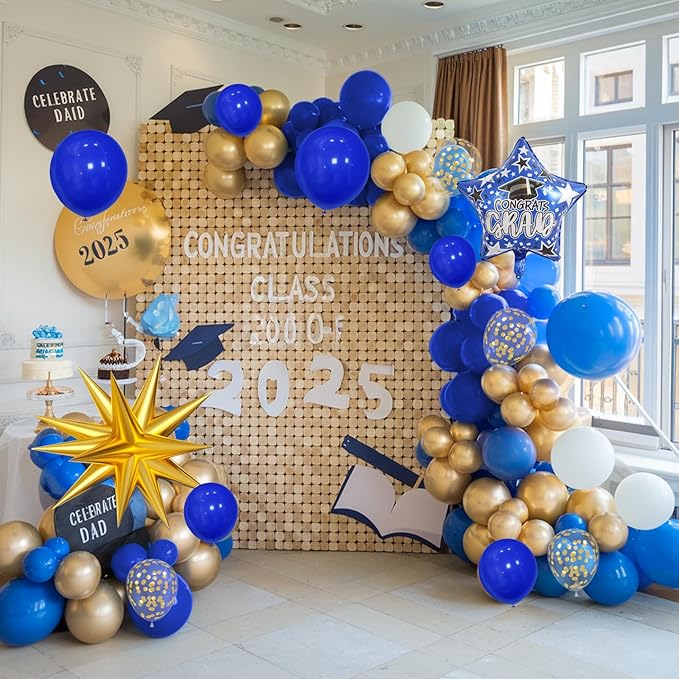 Blue Gold White Balloons Arch Kit with Explosion Star 4D Gold Foil Balloon Royal Blue White Golden Confetti Balloons Garland for Blue 2025 Graduation Decoration Birthday Baby Shower Party