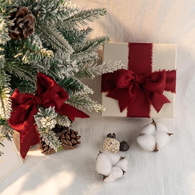 Satin Silk Ribbon, Red Christmas Ribbon for Wrapping, 1-1/2 inch x 15 Yd Handmade Frayed Fringe Ribbons, for Christmas Tree Holiday Birthday Valentine's Day Showers Crafts Bouquet, 3 Rolls