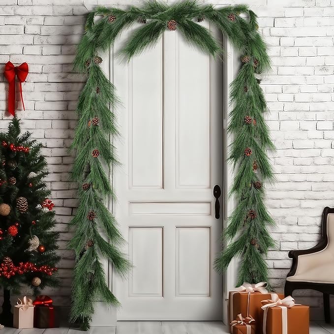 Jutom 13 ft Christmas Deluxe Norfolk Pine Garlands Artificial Long Needle Pine Cone Classic Style Garland Realistic Xmas Cedar Garland for Holiday Mantle Table Indoor Outdoor Decor