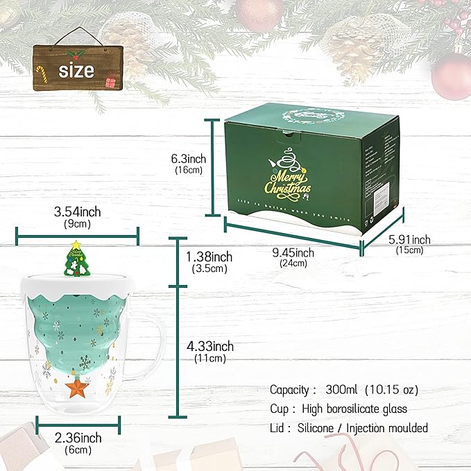 2 Pack of Christmas Mugs with Lid, Double Walled Glass Coffee Mugs, 10 ounces(300ml) Cute Mug is Suitable for Christmas Gifts for Men, Women and Children
