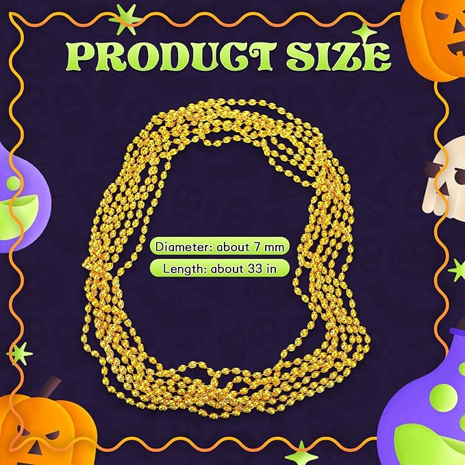 Riceshoot 200 Pcs Gold Bead Necklace Bulk Mardi Gras Oval Beads Necklace Party Favors 33" 7mm Metallic Color Beaded Costume Necklaces for Halloween Christmas Festive Event Accessories