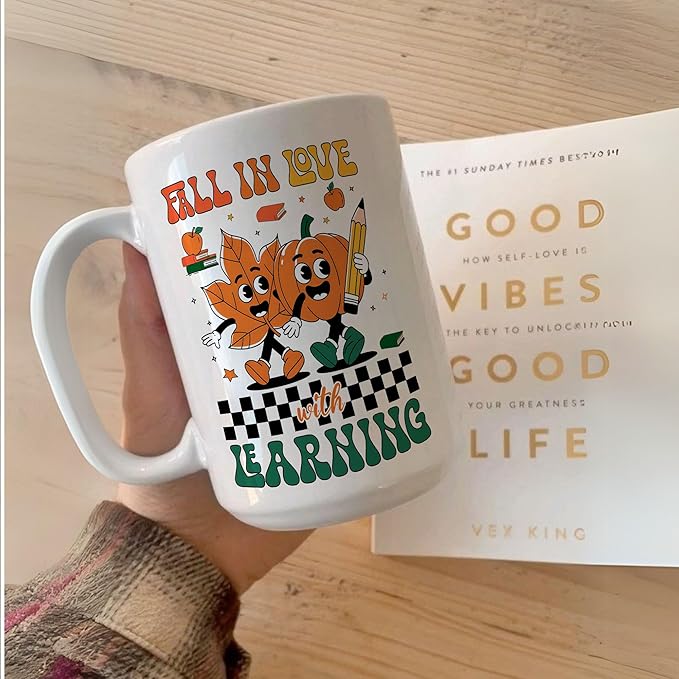 Fall In Love With Learning Thanksgiving White Mugs, 11oz 15oz Drinking Cups, Autumn Seasonal Gifts