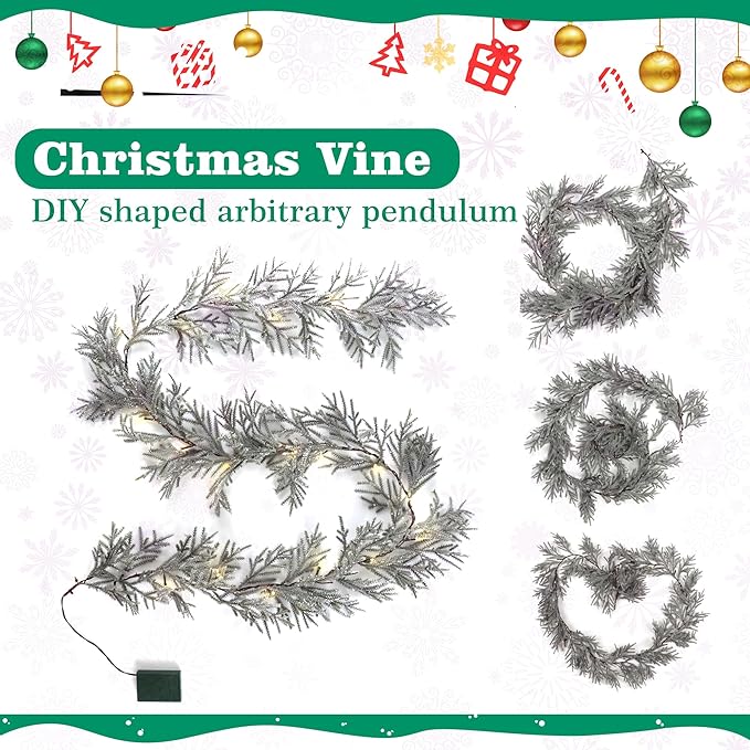 6 FT Silver Artificial Christmas Garland, Faux Spruce Evergreen Garland with 20 LED Lights, Lighted with Timer, Perfect for Christmas Indoor Outdoor Decoration