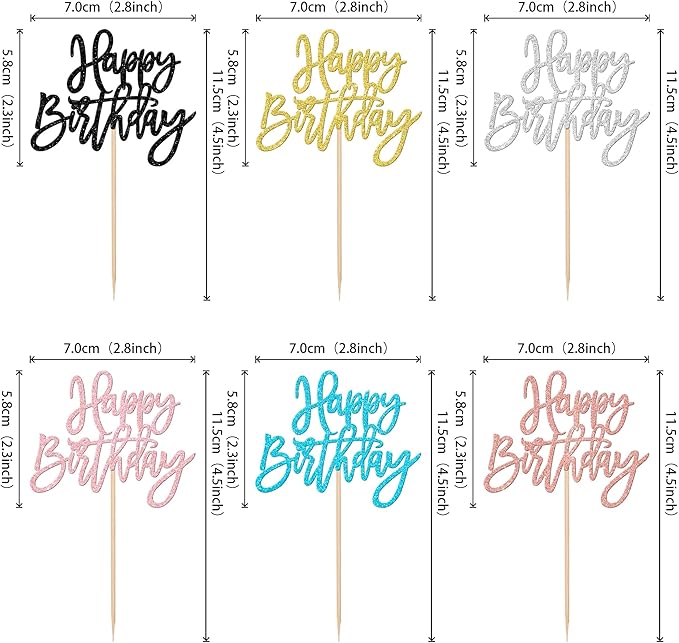 24 PCS Glitter Cupcake Toppers - Happy Birthday & Anniversary Picks - Multi 6 Colors