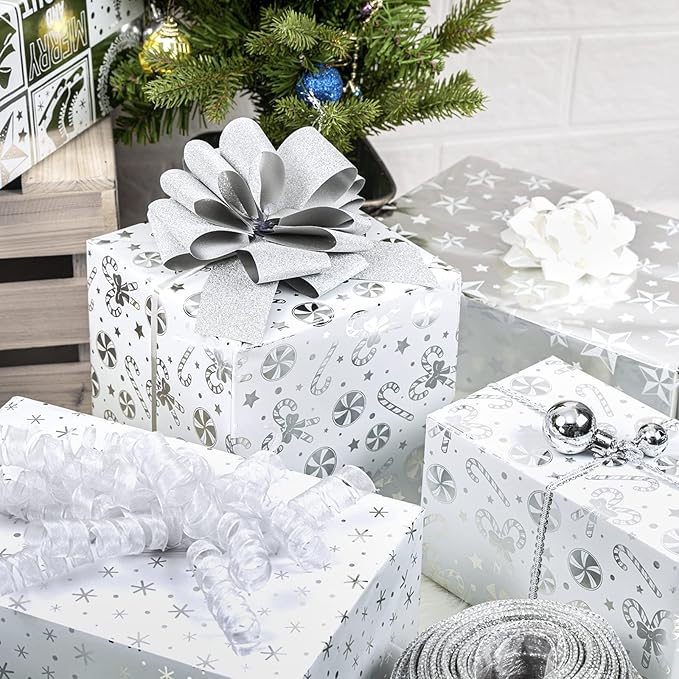 WRAPAHOLIC 30 Inch Silver Christmas Wrapping Paper Roll - Jumbo Roll Silver Snowflakes, Candy Cane Holiday Collection with Metallic Foil Shine - 4 Rolls - 30 Inch x 120 Inch Per Roll