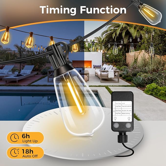 litogo 25 FT LED String Lights for Outside, Waterproof Outdoor Patio Lights with Dimmable Edison Bulbs, Warm White Hanging Light with Timer for Porch Backyard Gazebo Holiday Party
