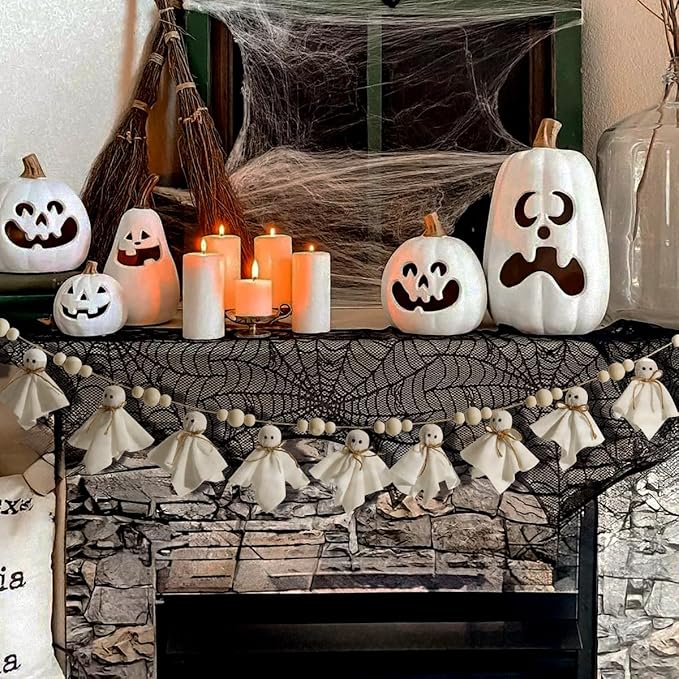 7Ft Cute Halloween Ghost with Wooden Beads Garlands, Handmade Rustic Halloween Banner for Wall Home Indoor Outdoor Spring Decor Supplies, White
