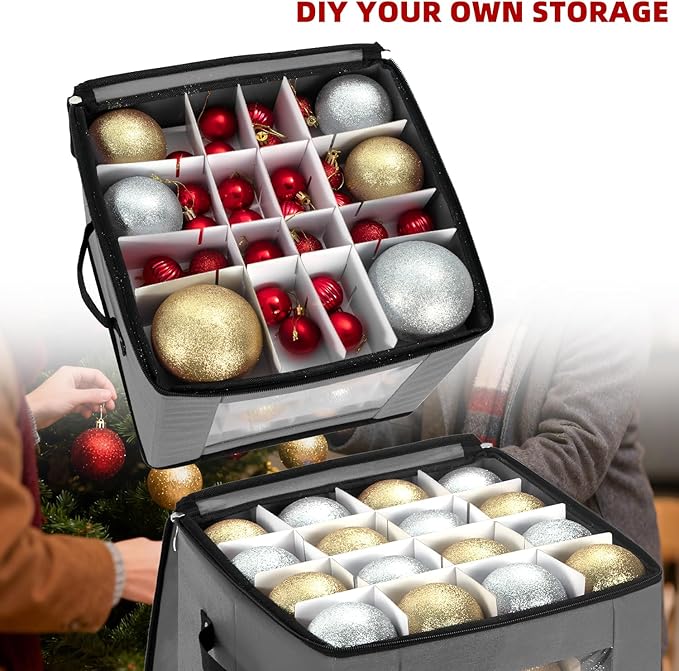 inin Christmas Ornament Storage Box with Adjustable Dividers,Christmas Ornaments Organizer with Zippered Top,Storage Container Bin for Holiday Decorations(64 Ball, Gray, Without Tray)