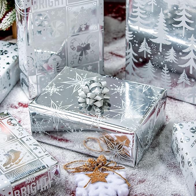 MAYPLUSS Christmas Wrapping Paper Jumbo Rolls with Gridlines - 30IN X 120IN - 4 Roll - Christmas Tree Snowflakes Candy Cane for New Year Holiday Party Kids