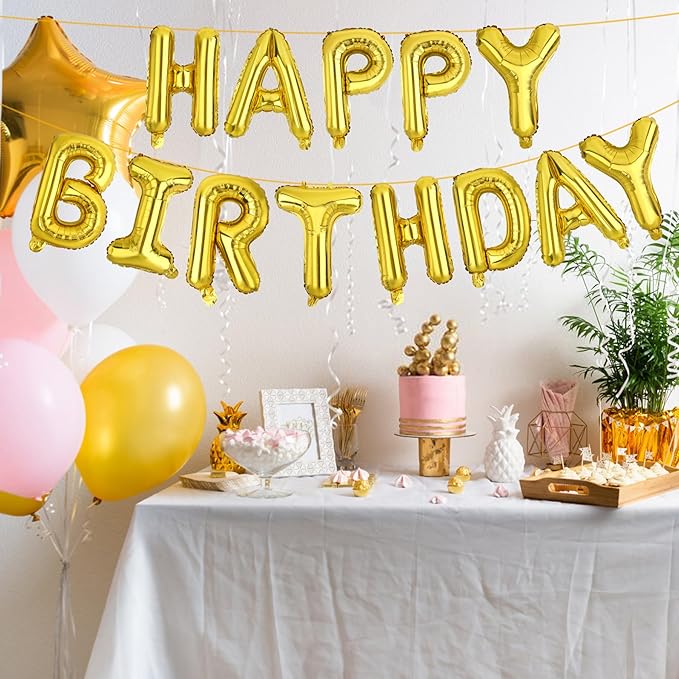 LIOZEOKUN Happy Birthday Balloon Letters 16 inch Mylar Foil Birthday Balloons Banner Sign for Birthday Party Decorations Supplies (Gold)