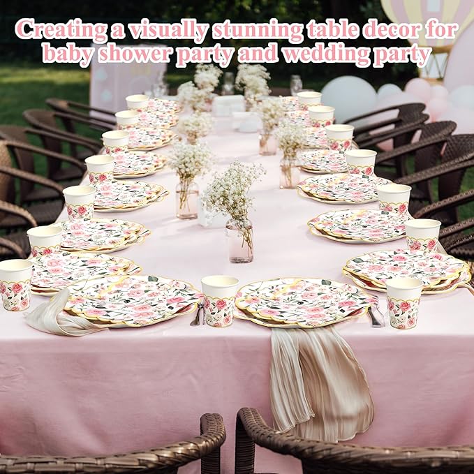 250 Pcs Floral Party Decorations Flower Paper Plates Napkins and Cups Pink and Gold Floral Disposable Tableware Set for Bridal Shower Baby Shower Wedding Spring Tea Party Supplies, Serves 50