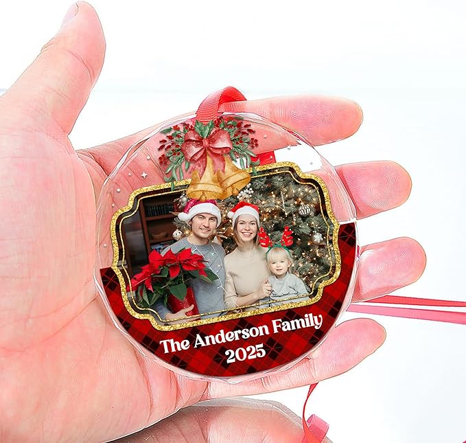 Personalized Christmas Ornament with Photo for Family, Custom Picture Crystal Ornaments for Christmas Tree Decorations, Unique Customized Xmas Decor Ideas for Family (#PGO07)