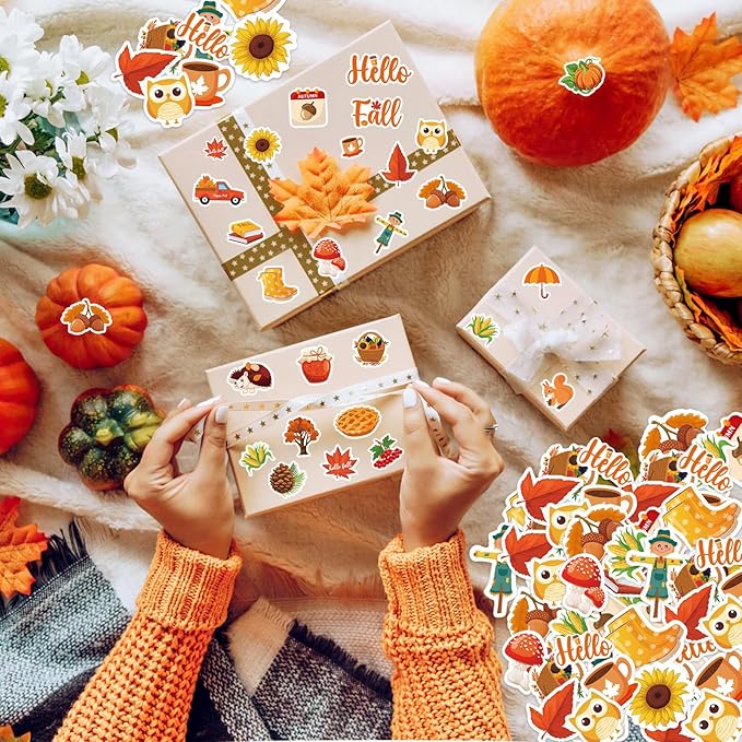 300Pcs Fall Foam Stickers, Cute Self-Adhesive Autumn Thanksgiving Stickers Foam Fall Pumpkin Maple Leaves Sticker Decorations for Home Office School Classroom DIY Art Craft Party Supplies