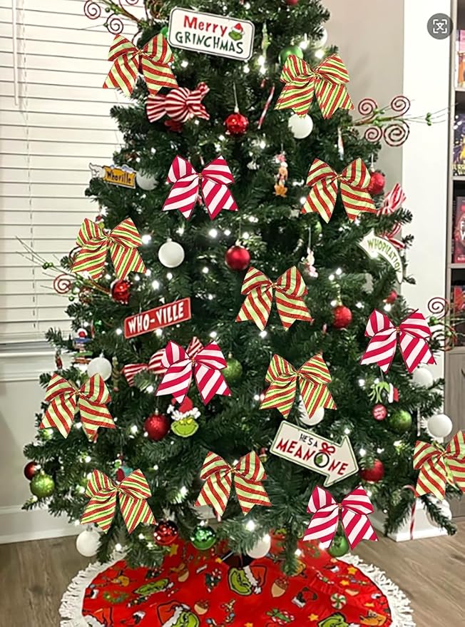 SIMISI RIBBON Christmas Tree Bows Wreaths Graland Xmas Party Decorations Red Green Stripe Ornaments (6 * 6 Inches, 12 Pcs)