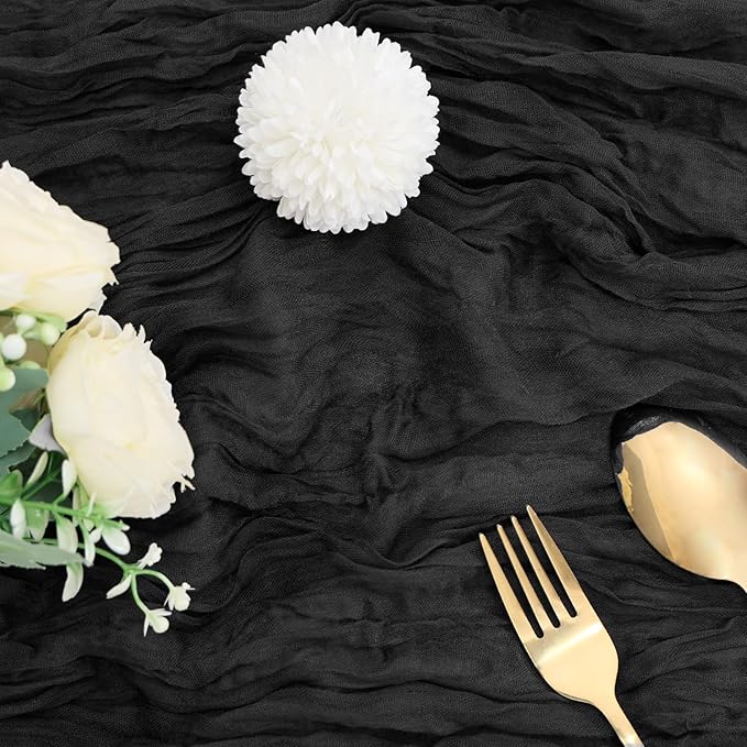 12 Pack Black Table Runner Cheesecloth 10FT Boho Gauze Fabric Table Runner 35 x 120 Inch Rustic Sheer for Centerpiece Wedding Decor Baby Shower Party Boho Decoration(Black)