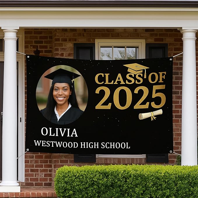 Custom Graduation Banner Class of 2025 with Photo and Name – Personalized Congrats Sign for High School or College Seniors – Indoor Outdoor Graduation Party Decoration