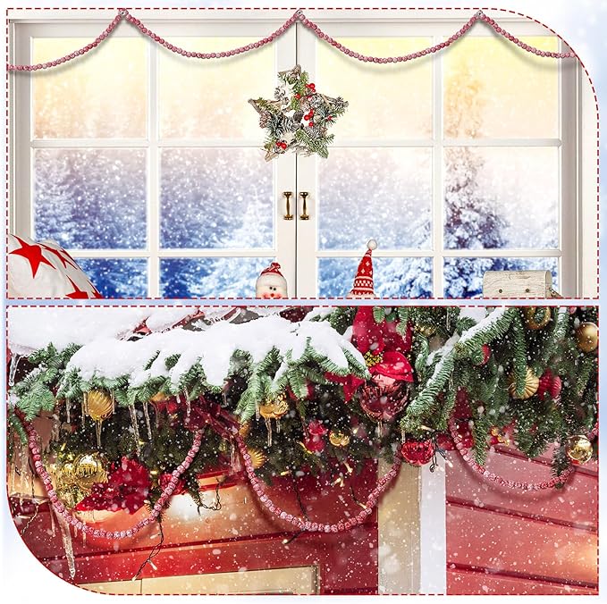 16 Feet Christmas Wood Bead Garland Wooden Bead Garland for Christmas Tree Holiday Decoration (Red, White)