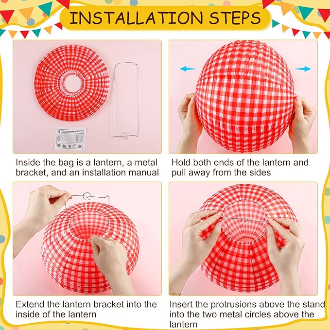 Hortsun 18 Pcs Red Gingham Party Supplies Include Checkered Paper Lanterns Plastic Tablecloth Pennant Banner Hanging Paper Fans for Picnic BBQ Baby Shower Birthday Wedding Family Dinner