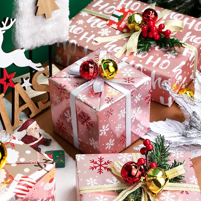 WRAPAHOLIC 30 Inch Christmas Wrapping Paper Roll - Jumbo Roll Rose Gold Santa, Snowflakes and Reindeer Holiday Collection with Metallic Foil Shine - 4 Rolls - 30 Inch x 120 Inch Per Roll