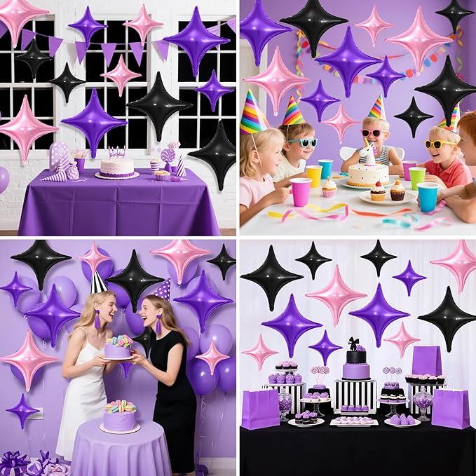 Black Purple Pink Star Balloons,12Pcs Four Angle Star Foil Balloons,26Inch and 10Inch Black Purple Quadrangle Helium Balloon for Girl Theme Birthday Baby Shower Party Decorations