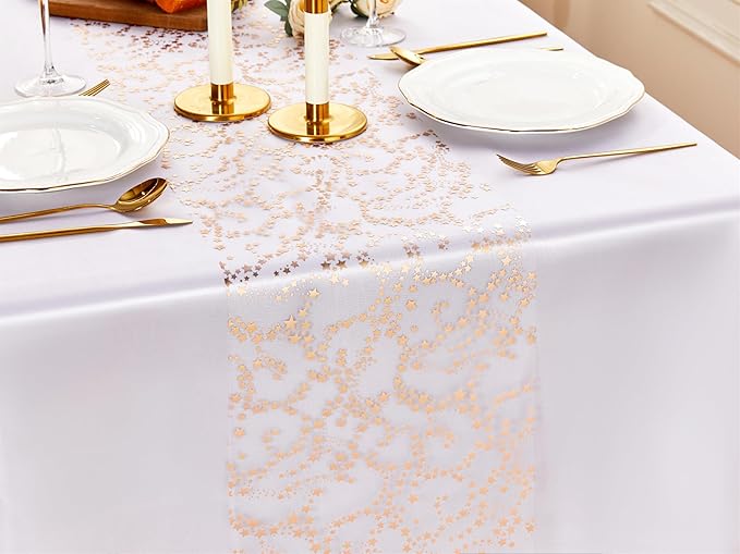 YATOJUZI Rose Gold Table Runner,16 Ft Star Sheer Chiffon Tulle Table Runner,Sequin Glitter Metallic Foil Rose Gold Table Decorations Centerpiece for Wedding Birthday Party
