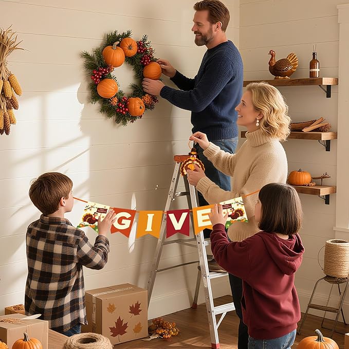 Thanksgiving Decorations Pre-Assembled GIVE THANKS Banner Hanging Swirls Porch Door Sign for Fall friendsgiving Party Home Office Classroom School Indoor outdoor Decor