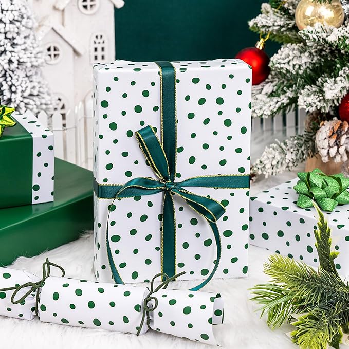 Burymento Green Lrregular Wave Point Wrapping Paper, Reversible Gold Gift Wrap for Birthday, Valentines, Mothers day, Graduation, Wedding, Fathers day, Baby Shower, Christmas (17in x 16.4ft)