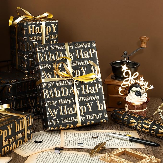 WRAPAHOLIC 3D Kraft Birthday Wrapping Paper Roll - Mini Roll - 17 Inch x 16.5 Feet - Gold and Black Happy Birthday Lettering Design with Embossed Perfect for Holiday, Party Celebration